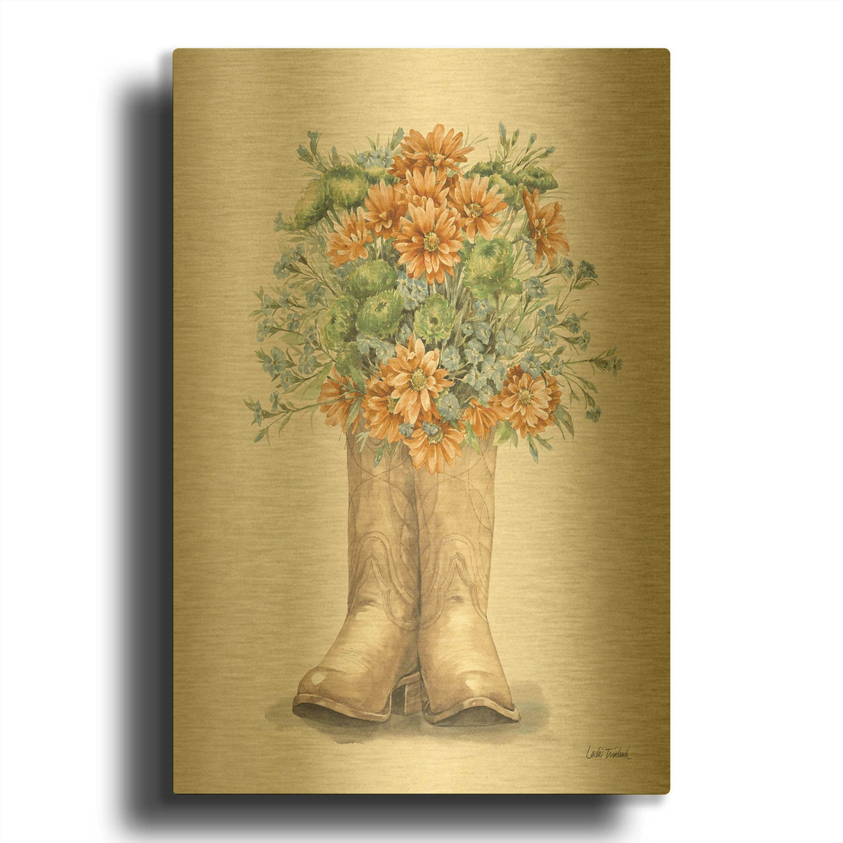 'Wildflower Western 2 Cream' By Leslie Trimbach Gold Metal Wall Art
