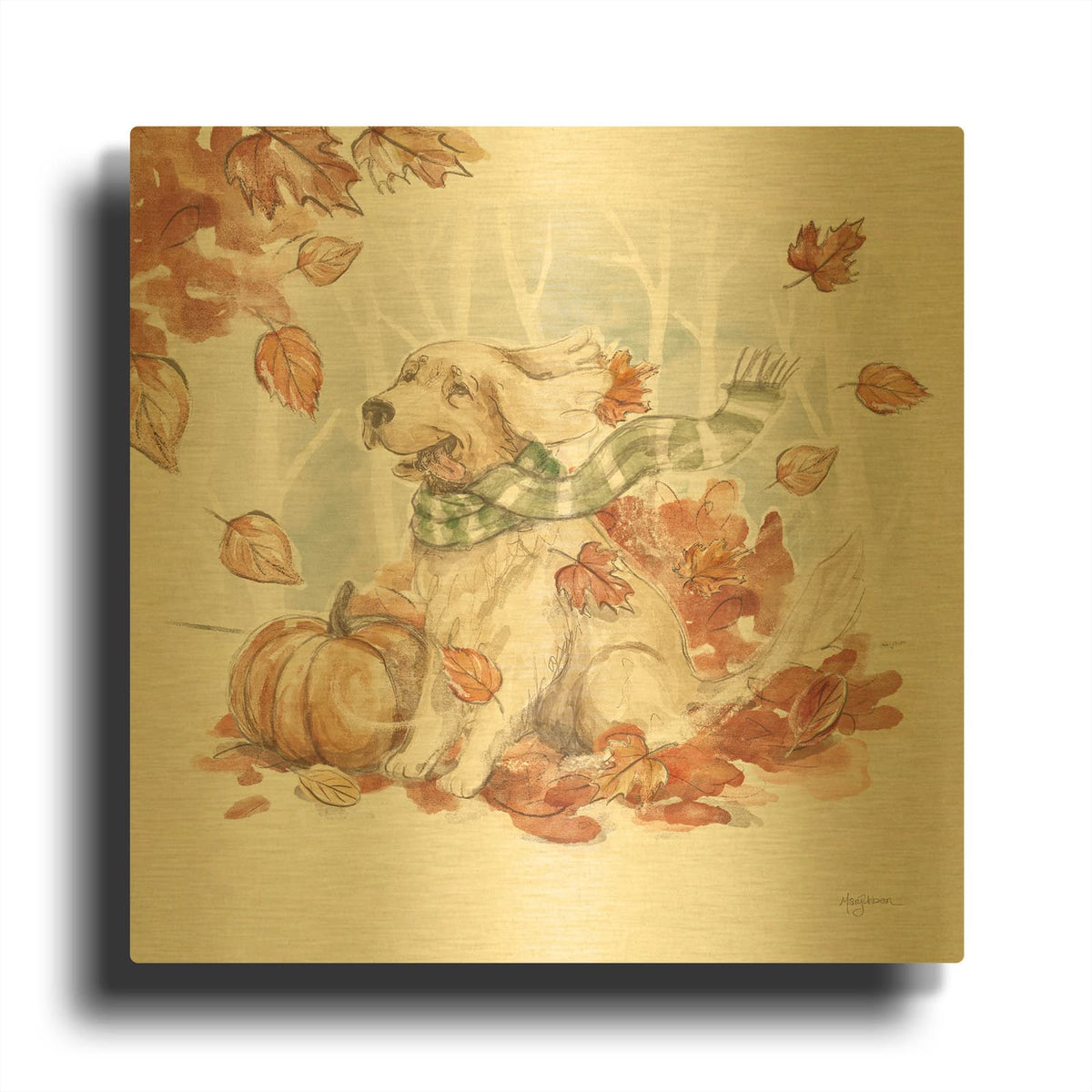 'Autumn Dogs 2' By Mary Urban Gold Metal Wall Art