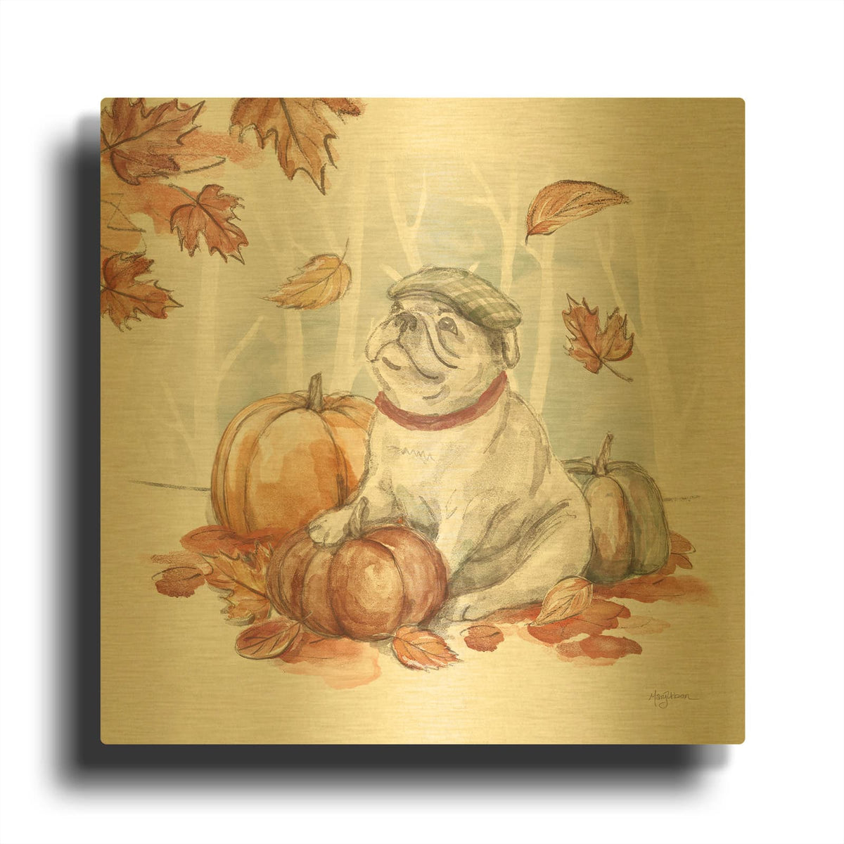 'Autumn Dogs 5' By Mary Urban Gold Metal Wall Art