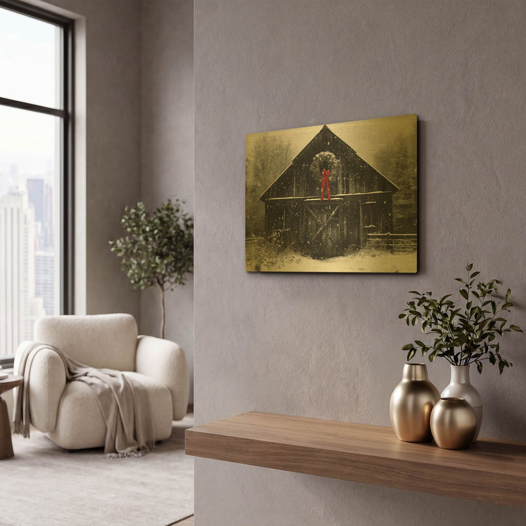 'Vermont Christmas' By Decent Exposures Gold Metal Wall Art