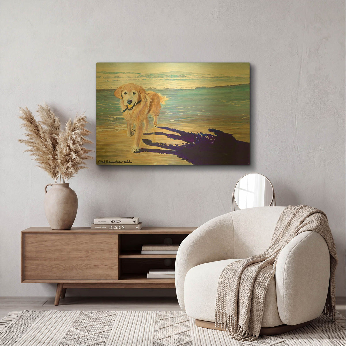 'Ali At The Beach' By Pat Saunders-White Gold Metal Wall Art