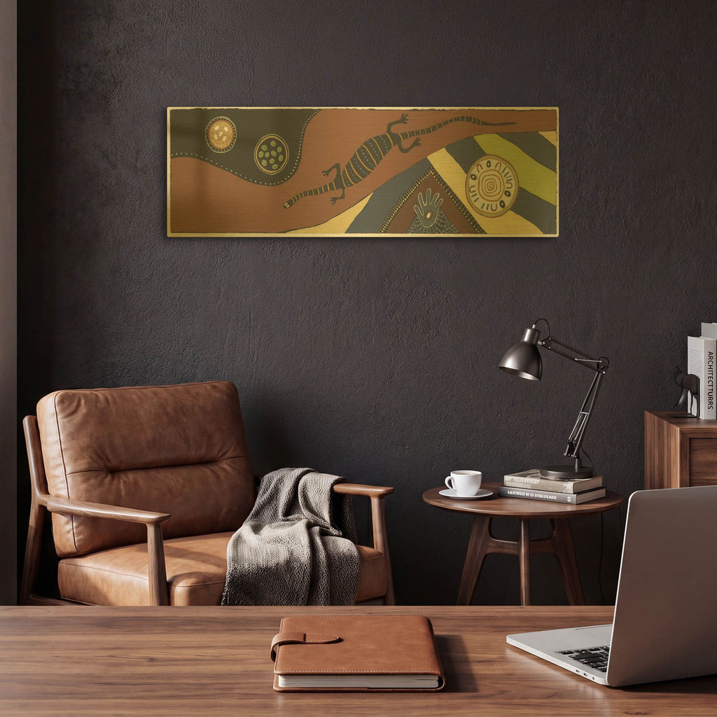 'Goanna Walk' By Pat Saunders-White Gold Metal Wall Art