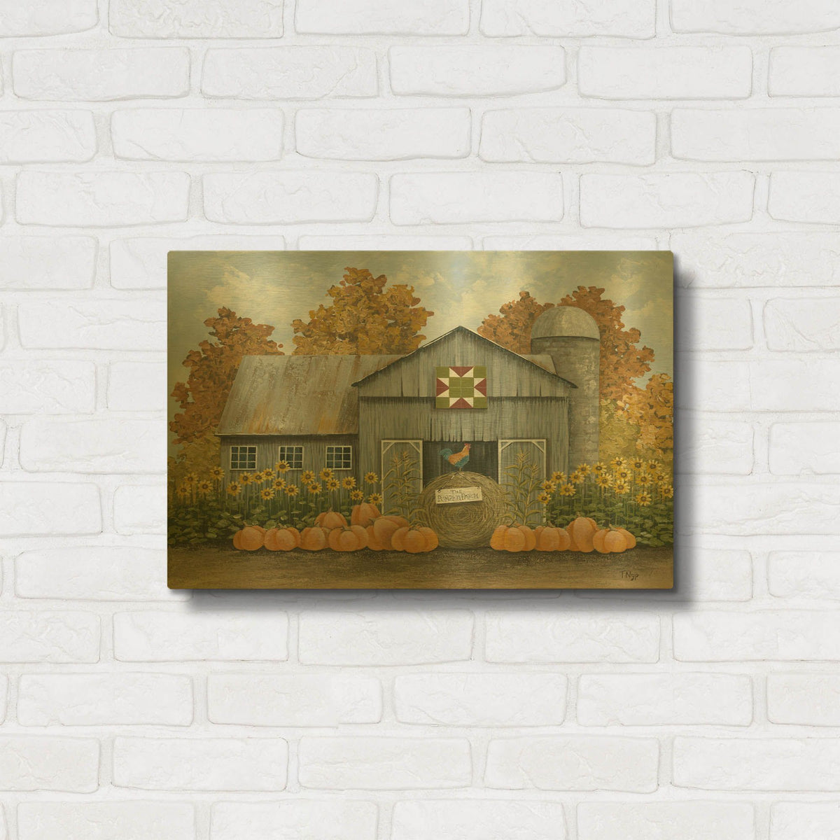'Barn with Barn Quilt and Pumpkins' By Tanya Nyp Gold Metal Wall Art