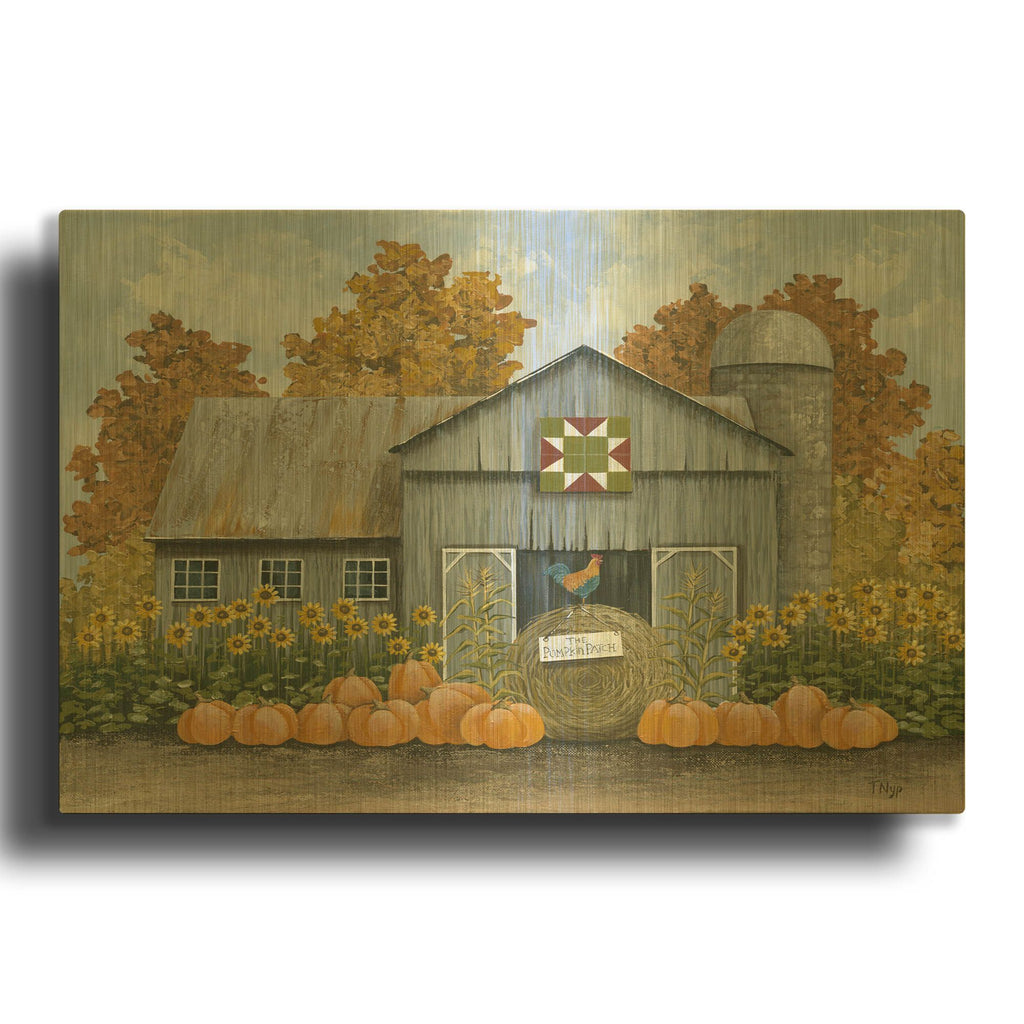 'Barn with Barn Quilt and Pumpkins' By Tanya Nyp Gold Metal Wall Art