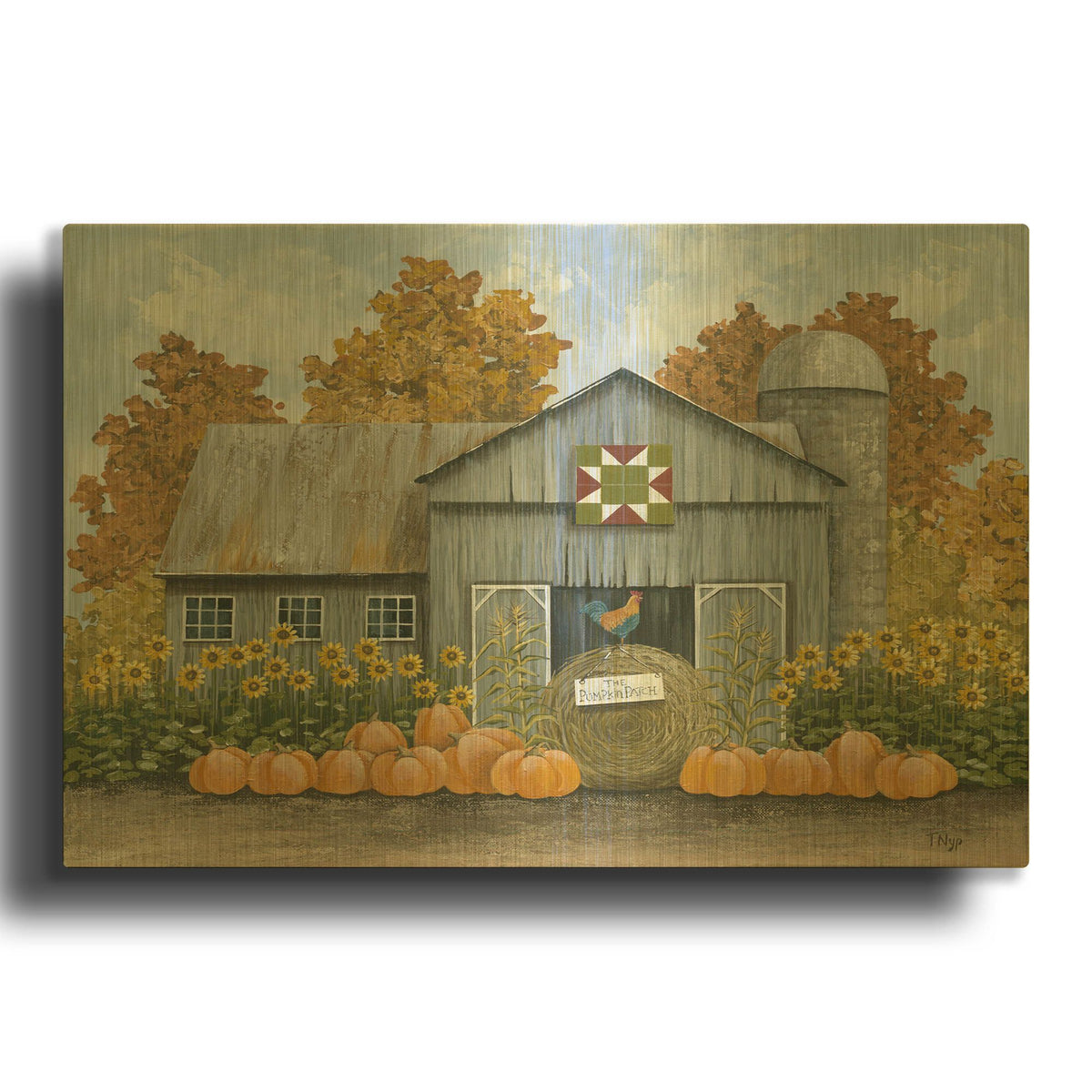'Barn with Barn Quilt and Pumpkins' By Tanya Nyp Gold Metal Wall Art