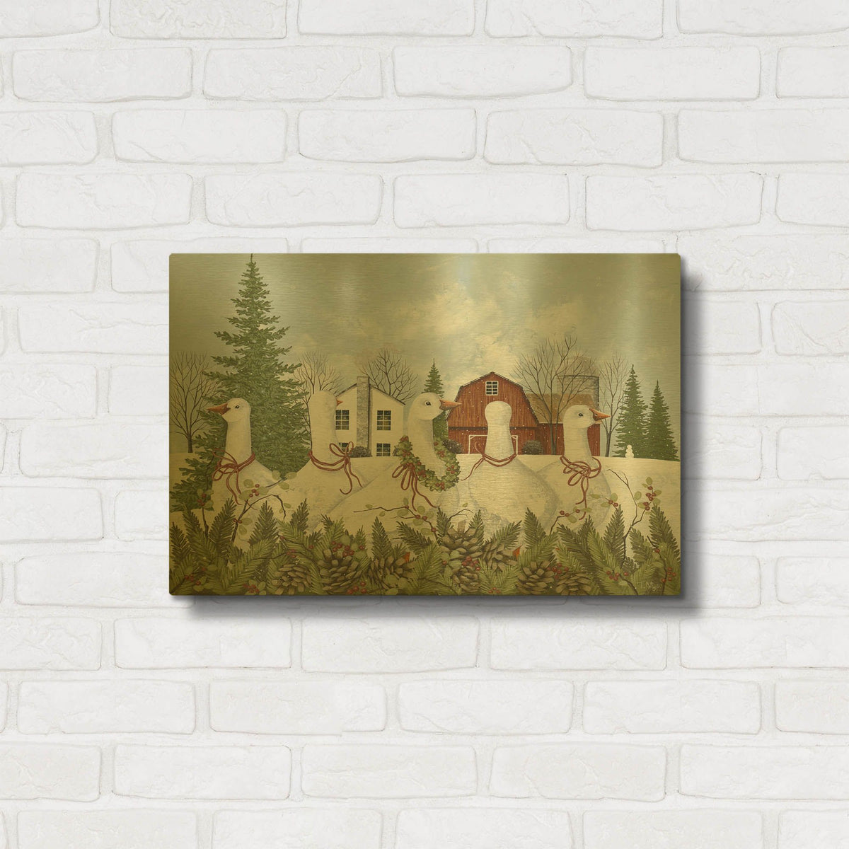 'Christmas Geese' By Tanya Nyp Gold Metal Wall Art