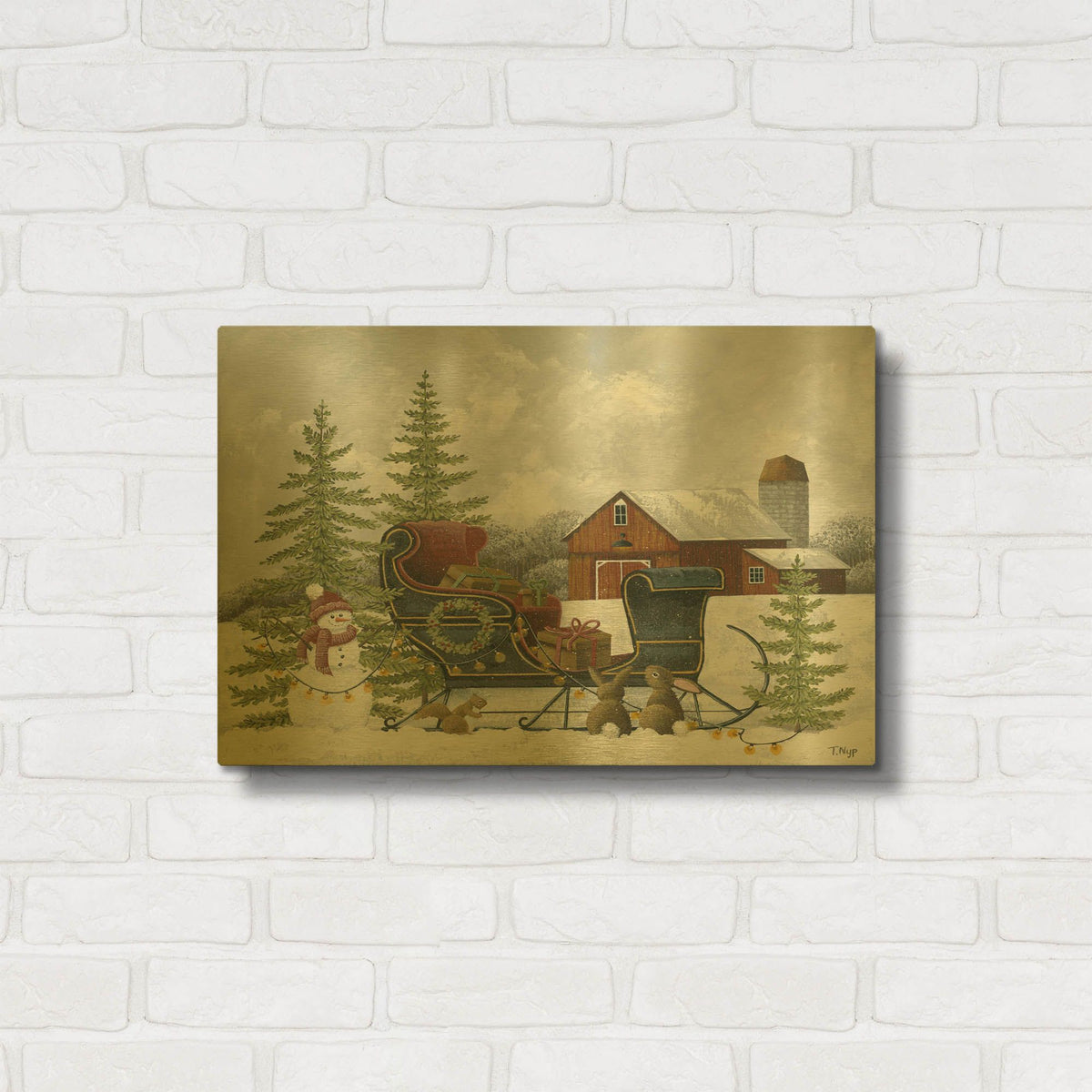 'Christmas Sleigh and Animals' By Tanya Nyp Gold Metal Wall Art