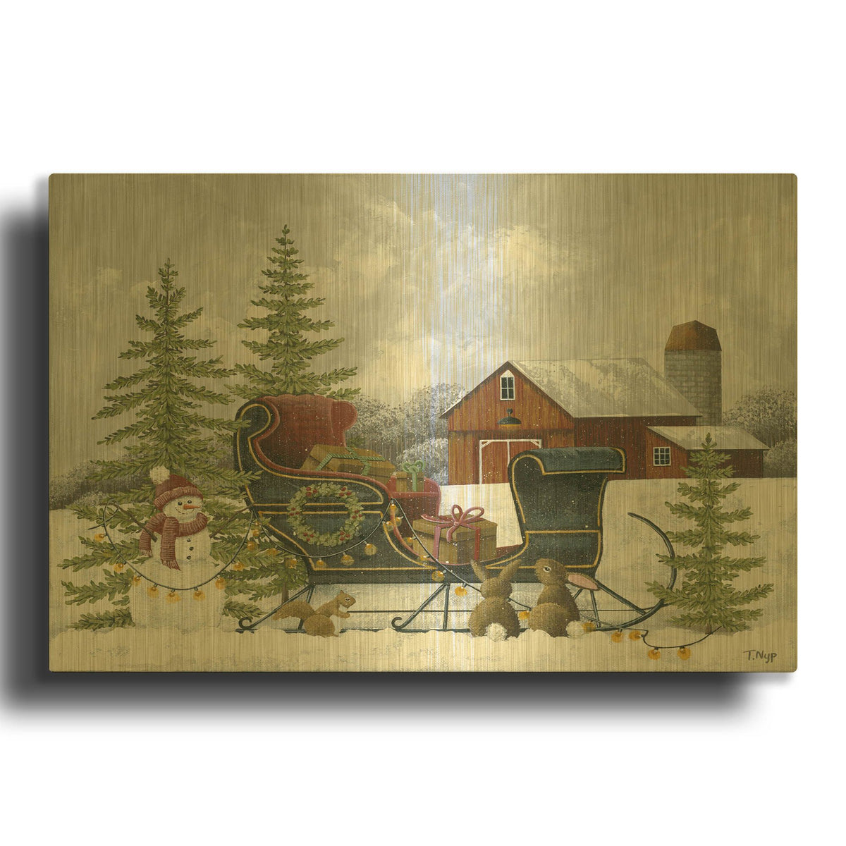 'Christmas Sleigh and Animals' By Tanya Nyp Gold Metal Wall Art