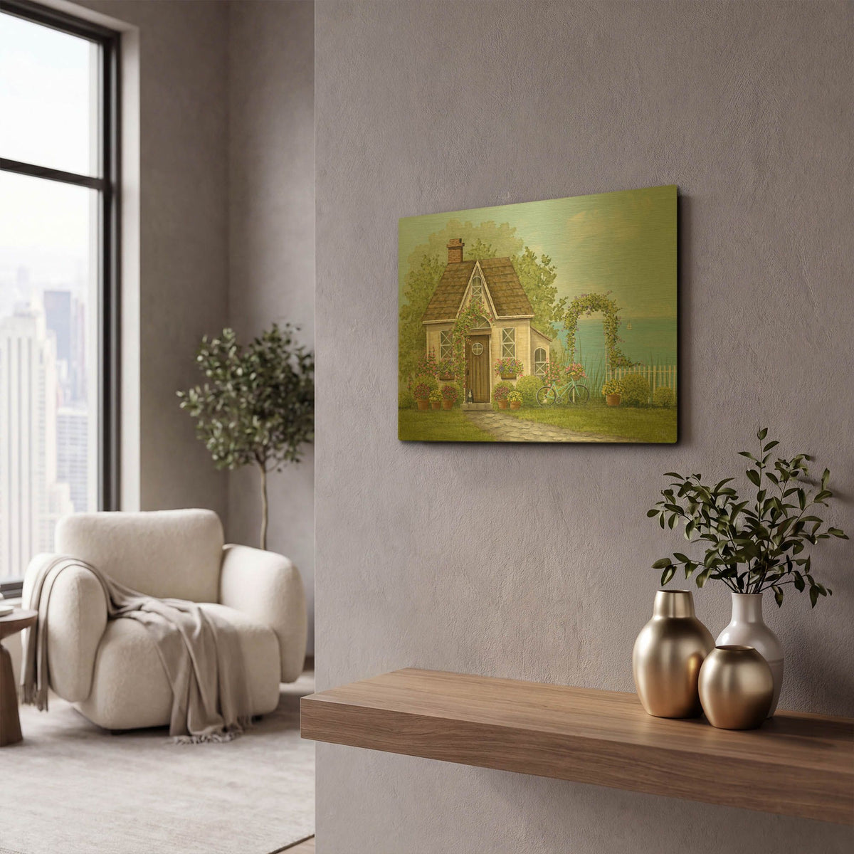 'Cottage by the Sea' By Tanya Nyp Gold Metal Wall Art