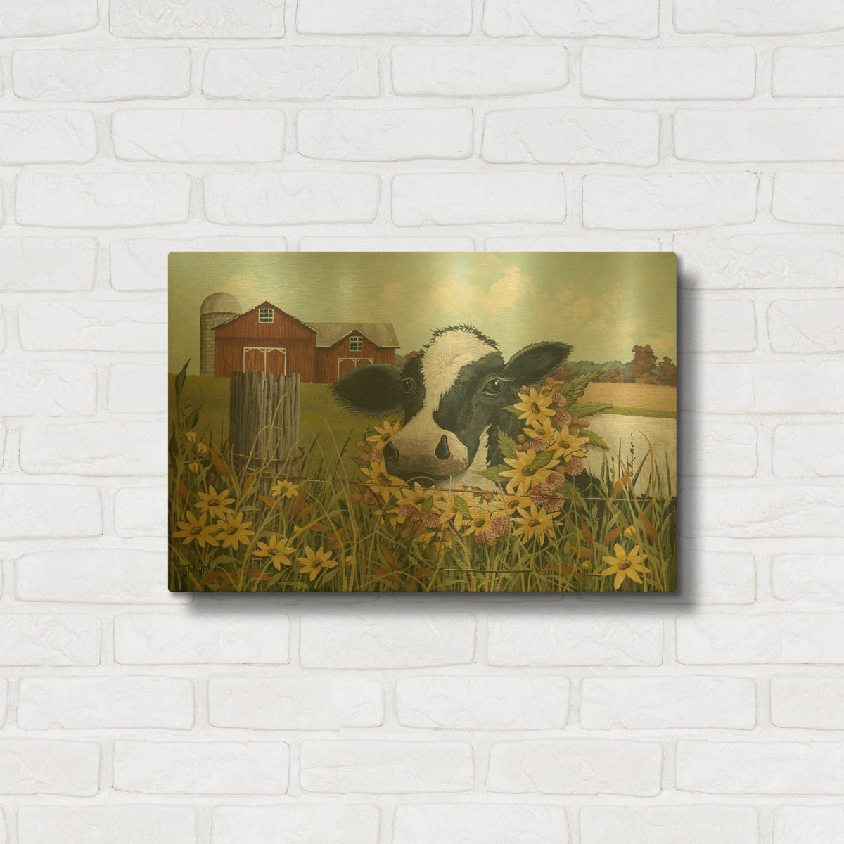 'Cow in Field of Yellow Flowers' By Tanya Nyp Gold Metal Wall Art