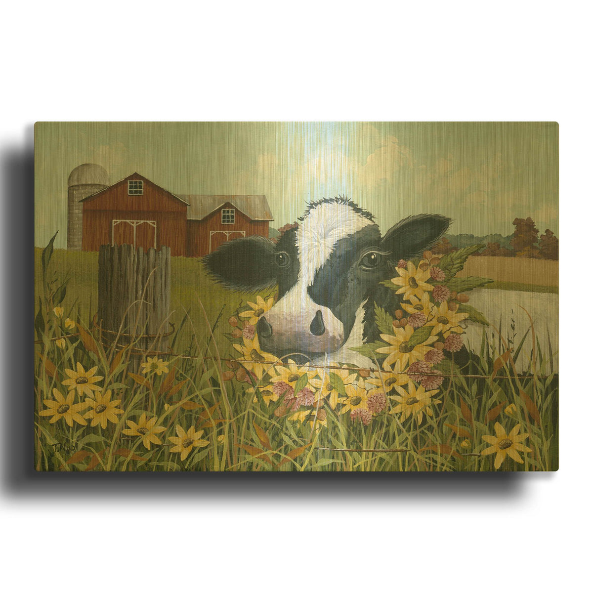 'Cow in Field of Yellow Flowers' By Tanya Nyp Gold Metal Wall Art
