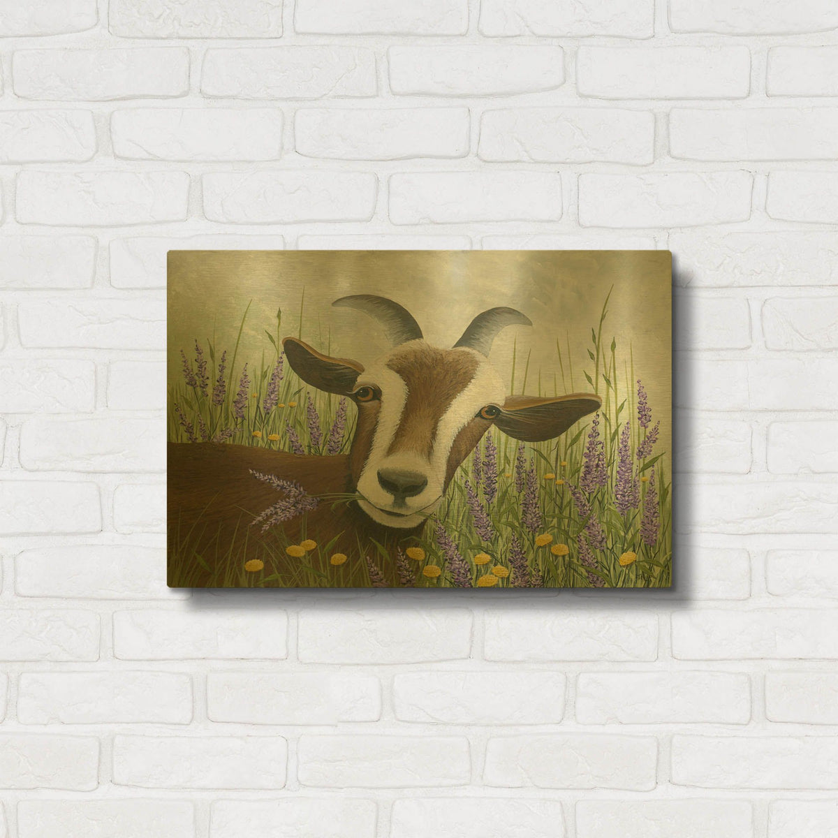 'Goat in Lavender Field' By Tanya Nyp Gold Metal Wall Art