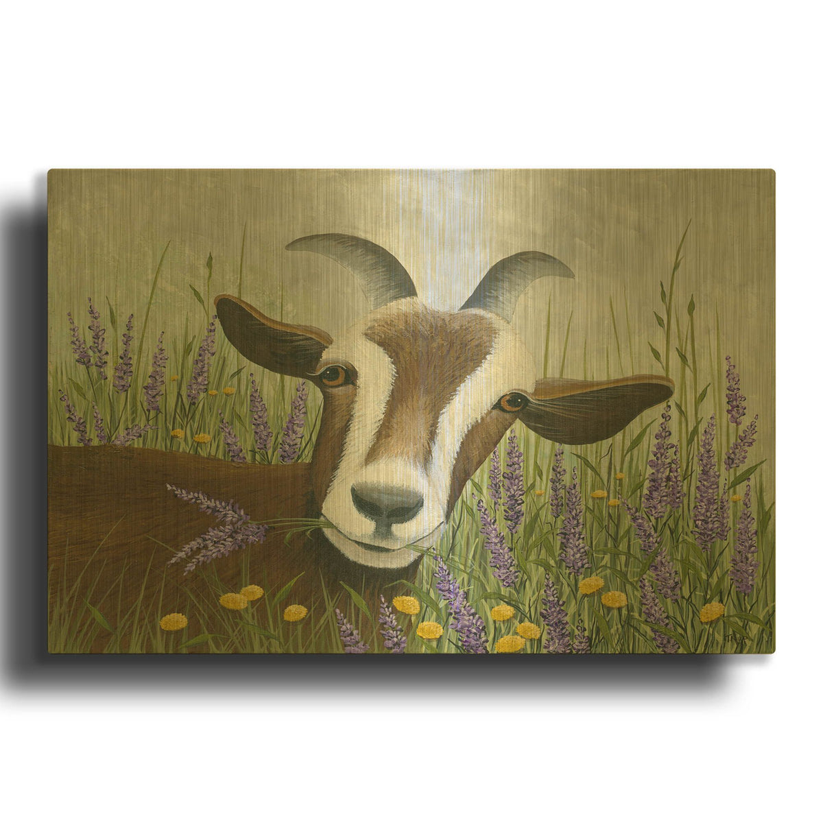 'Goat in Lavender Field' By Tanya Nyp Gold Metal Wall Art