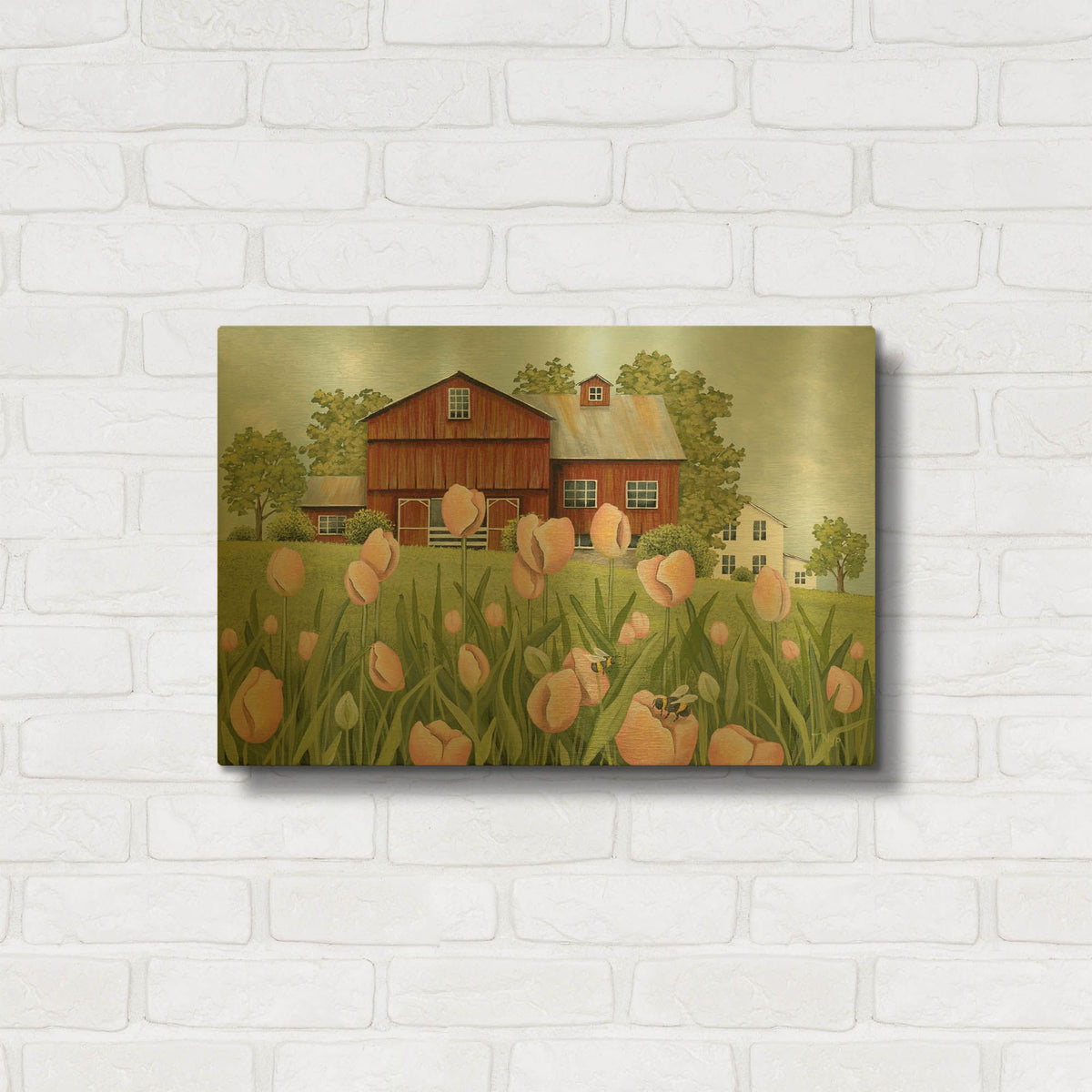 'Peach Tulips and Bumblebees' By Tanya Nyp Gold Metal Wall Art