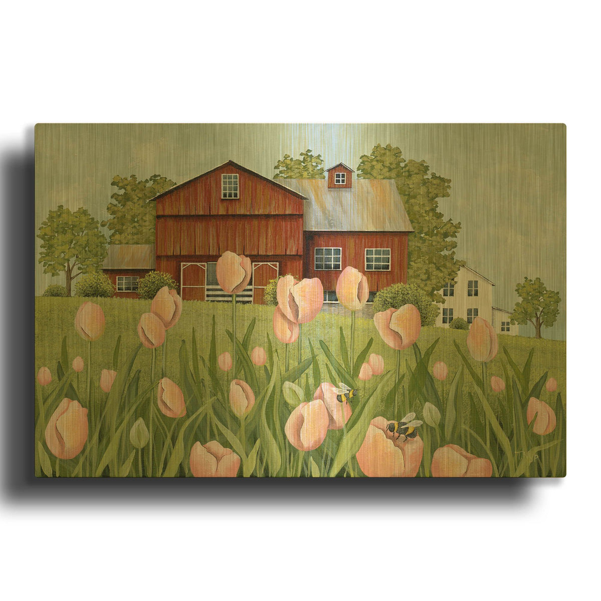'Peach Tulips and Bumblebees' By Tanya Nyp Gold Metal Wall Art