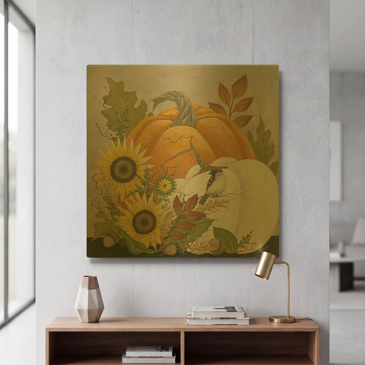 'Pumpkins and Sunflowers' By Tanya Nyp Gold Metal Wall Art