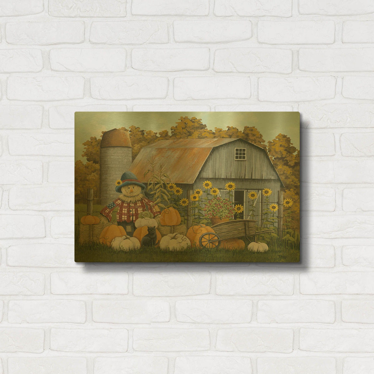 'Scarecrow and Barn' By Tanya Nyp Gold Metal Wall Art