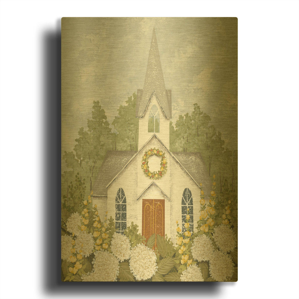 'White Church in Spring' By Tanya Nyp Gold Metal Wall Art