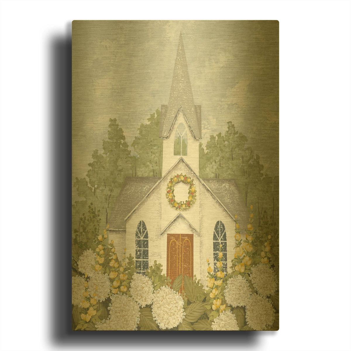 'White Church in Spring' By Tanya Nyp Gold Metal Wall Art