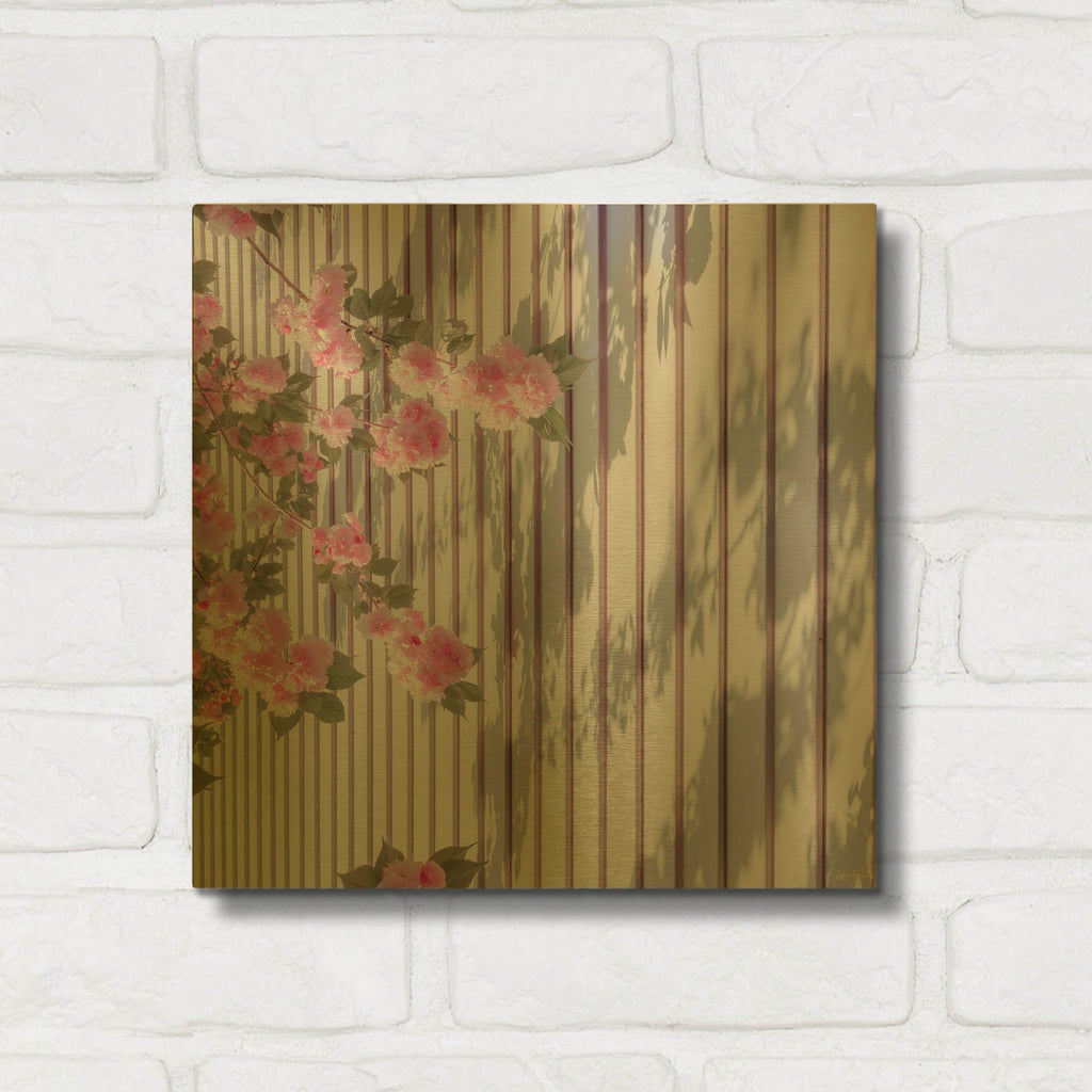 'Pink Flowers On Stripes' By Life BeautifuLEE Gold Metal Wall Art
