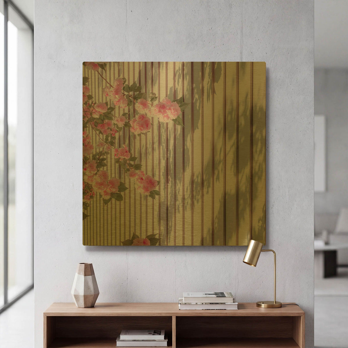 'Pink Flowers On Stripes' By Life BeautifuLEE Gold Metal Wall Art