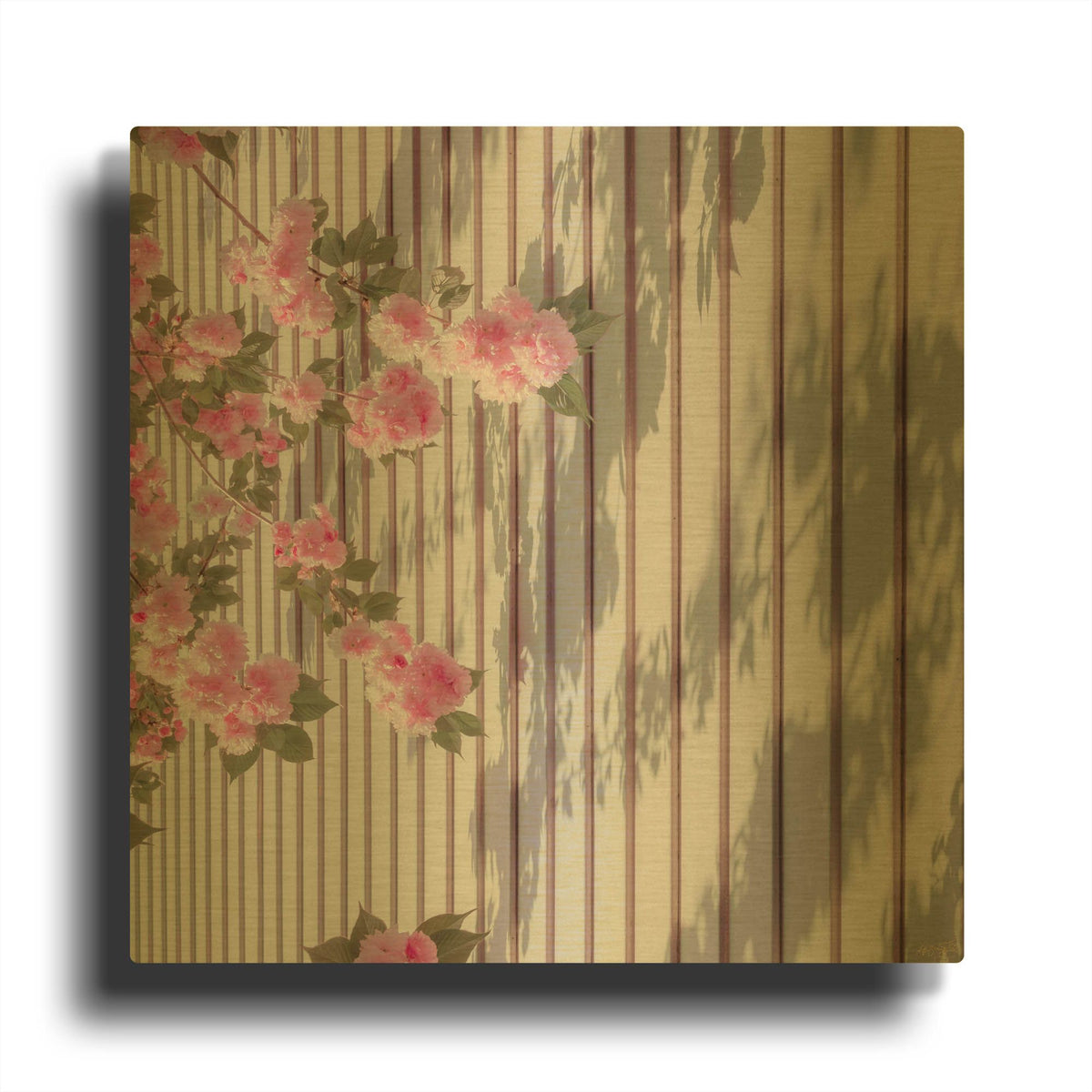 'Pink Flowers On Stripes' By Life BeautifuLEE Gold Metal Wall Art