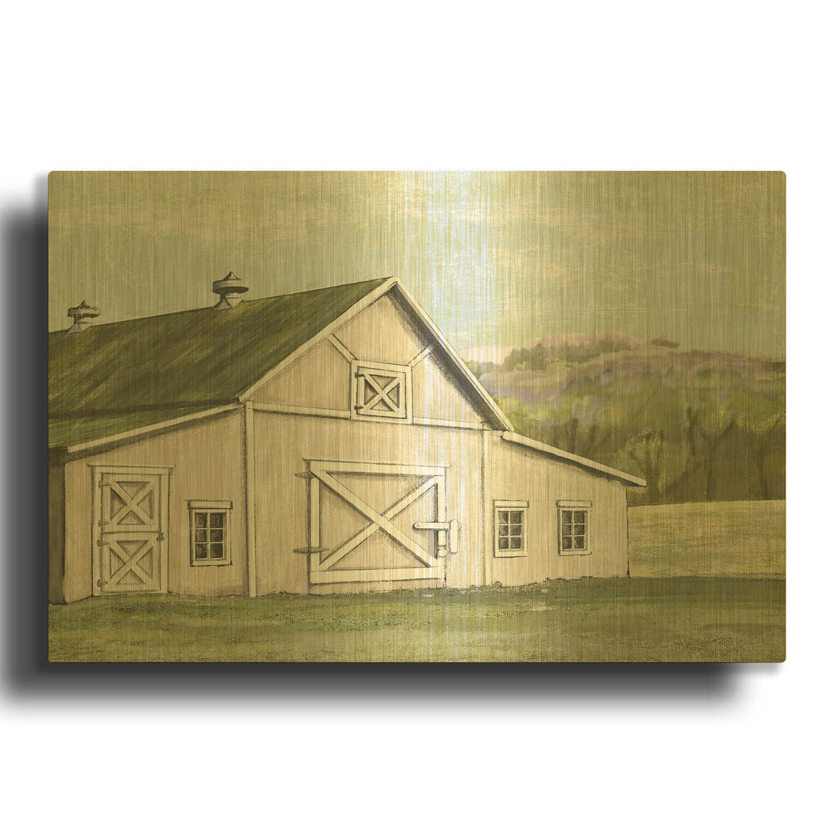 'Field Barn In Spring' By Art Licensing Studio Gold Metal Wall Art