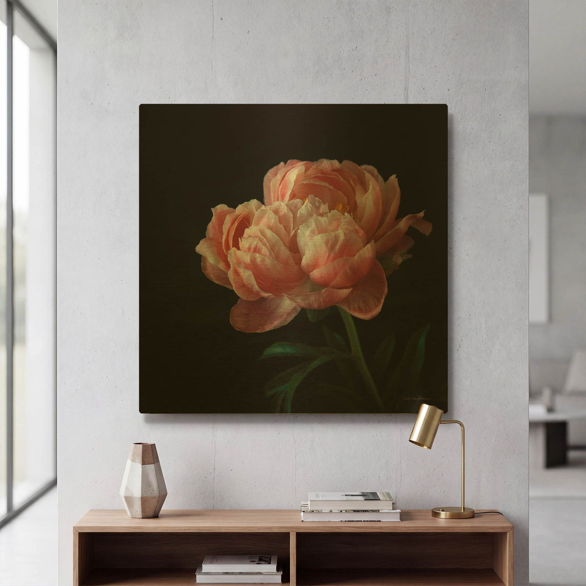 'Coral Peonies 5' By Debra Van Swearingen Gold Metal Wall Art