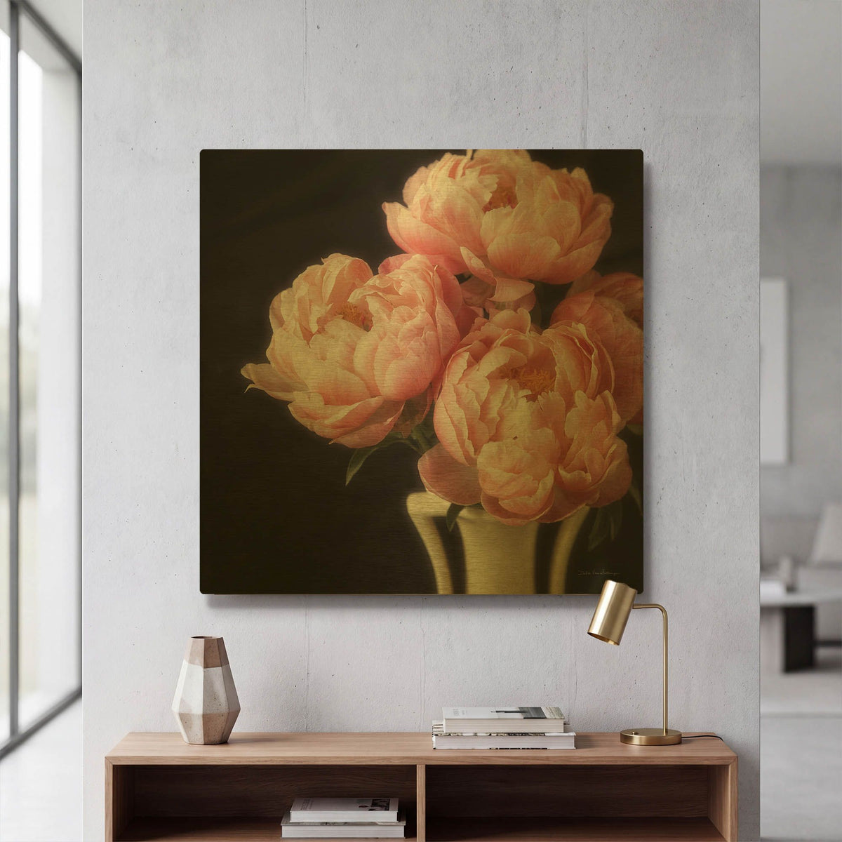 'Coral Peonies 6' By Debra Van Swearingen Gold Metal Wall Art