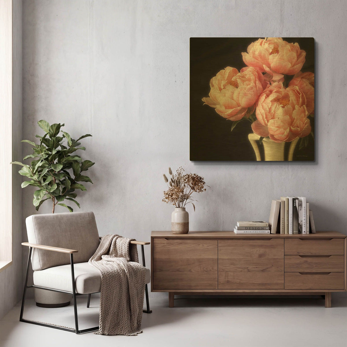 'Coral Peonies 6' By Debra Van Swearingen Gold Metal Wall Art