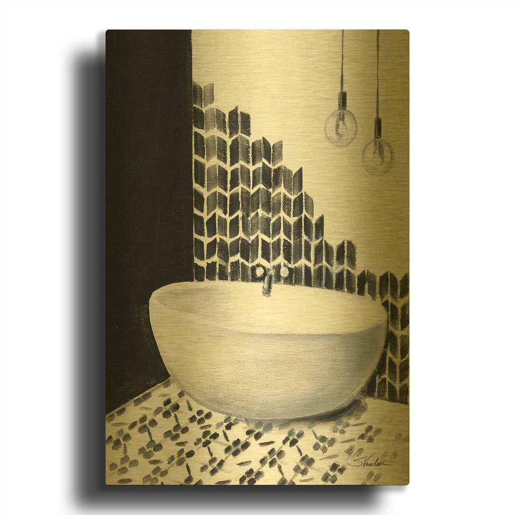 'Bathroom Patterns 1' By Silvia Vassileva Gold Metal Wall Art