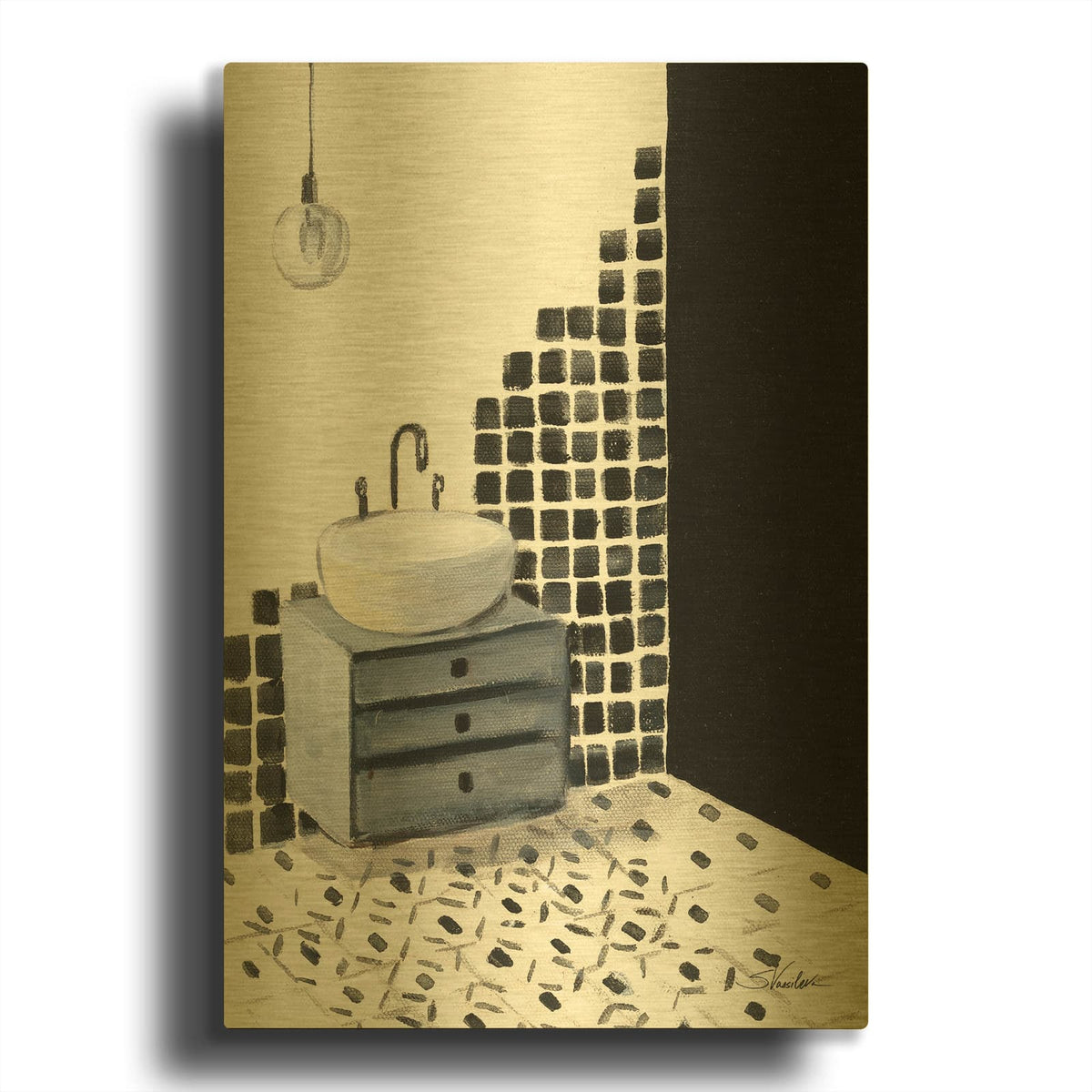 'Bathroom Patterns 2' By Silvia Vassileva Gold Metal Wall Art