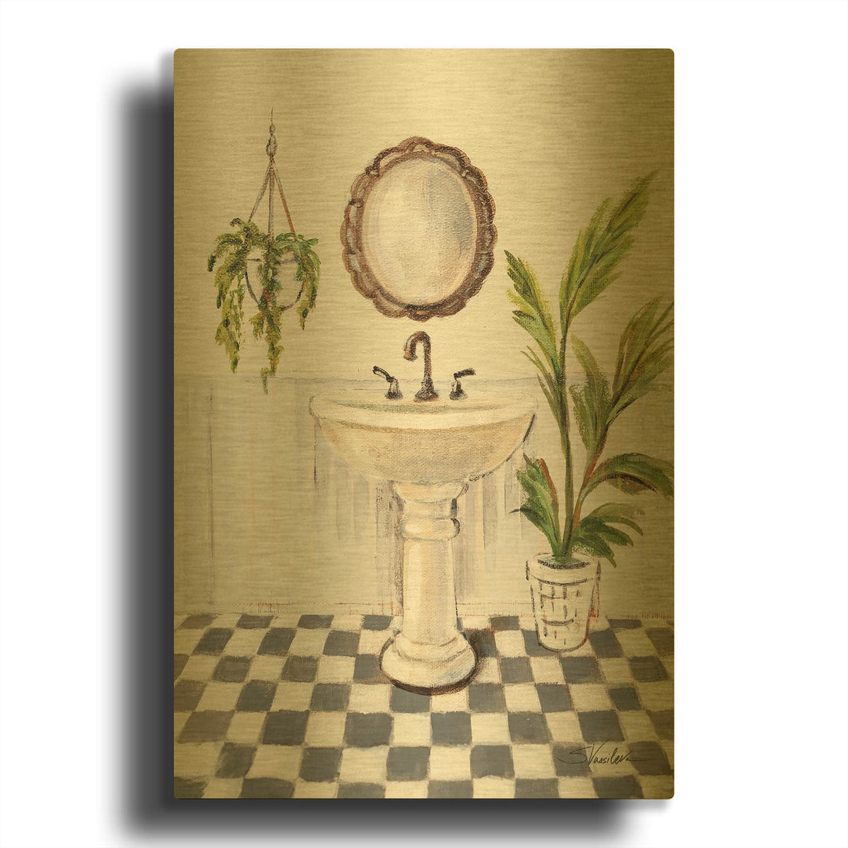 'Crisp Cottage Bathroom 2 Vertical' By Silvia Vassileva Gold Metal Wall Art