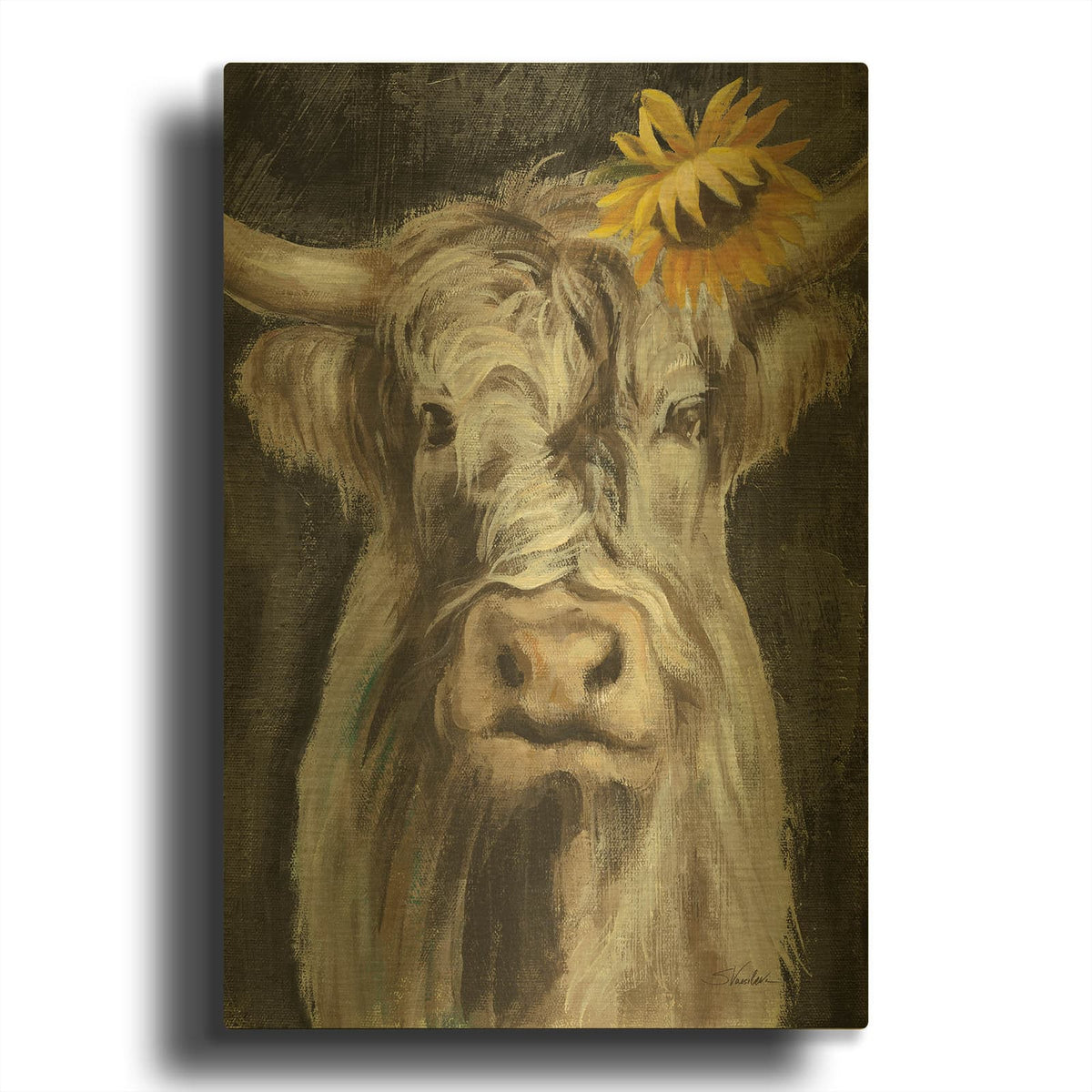 'Floral Highland Cow Vertical' By Silvia Vassileva Gold Metal Wall Art
