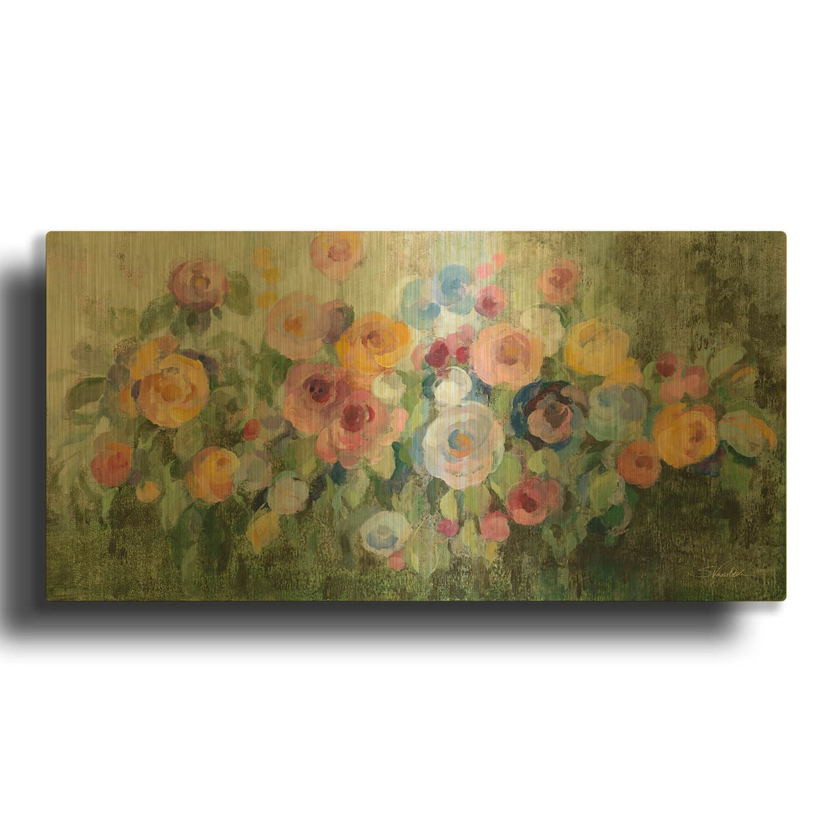'Flowers On Mossy Green' By Silvia Vassileva Gold Metal Wall Art