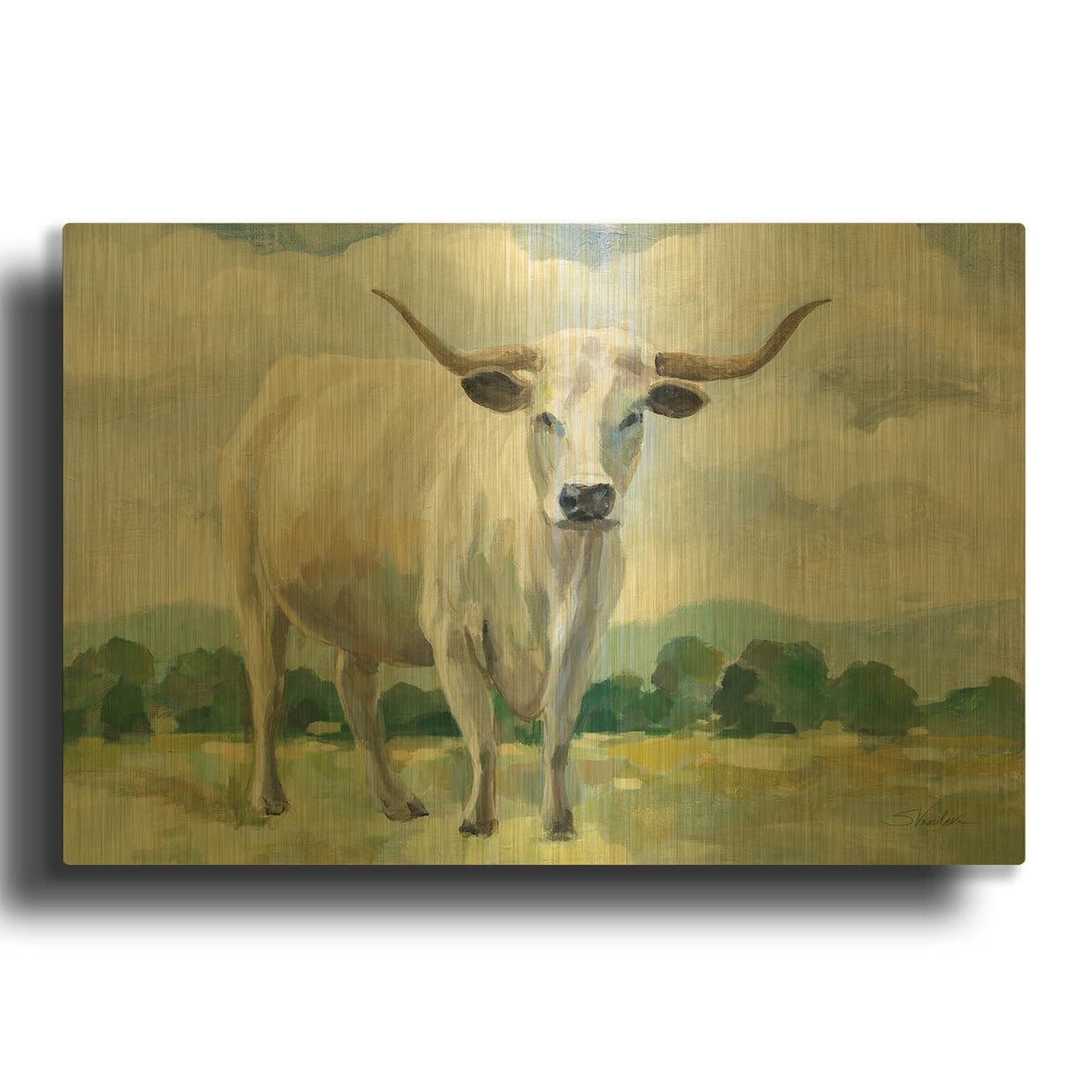 'White Longhorn Cow' By Silvia Vassileva Gold Metal Wall Art