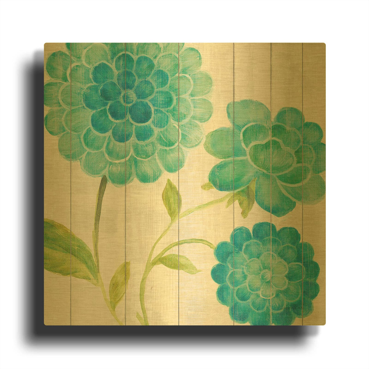 'Aqua Blooms On Wood 1' By Danhui Nai Gold Metal Wall Art