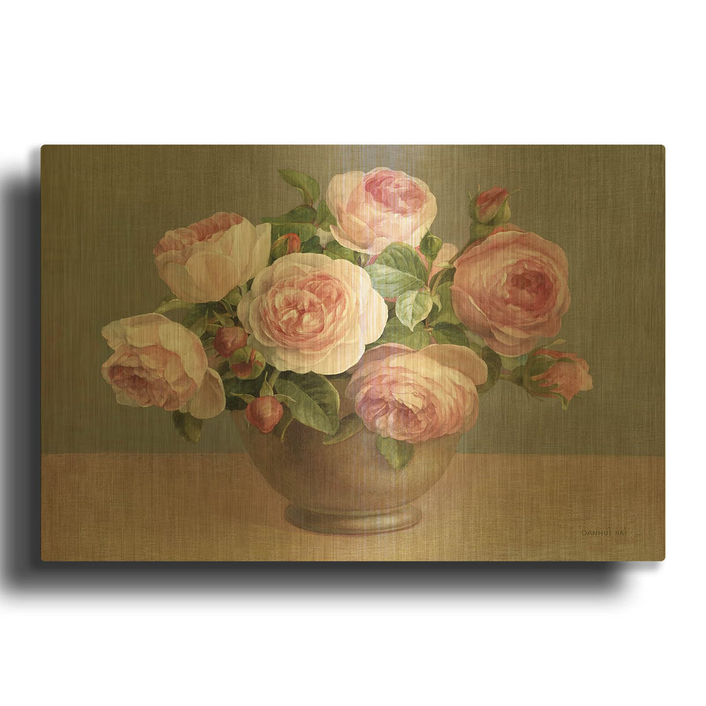 'Arrangement Of Pink Roses' By Danhui Nai Gold Metal Wall Art