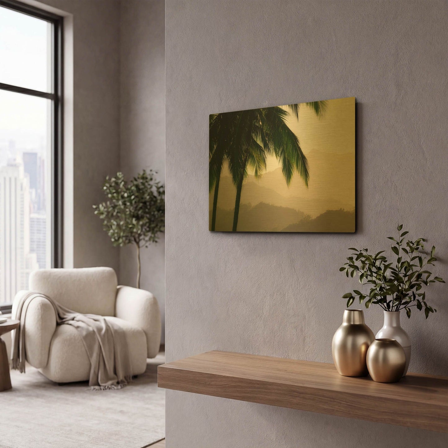 'Misty Palms III' By Dennis Frates Gold Metal Wall Art