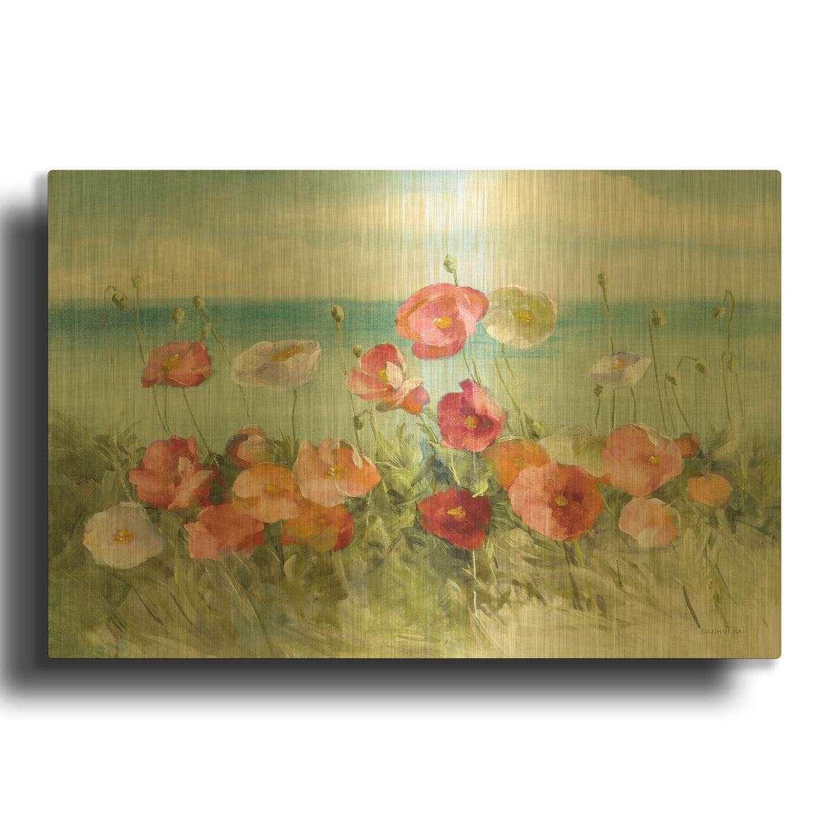 'Coastal Poppies Light.' By Danhui Nai Gold Metal Wall Art