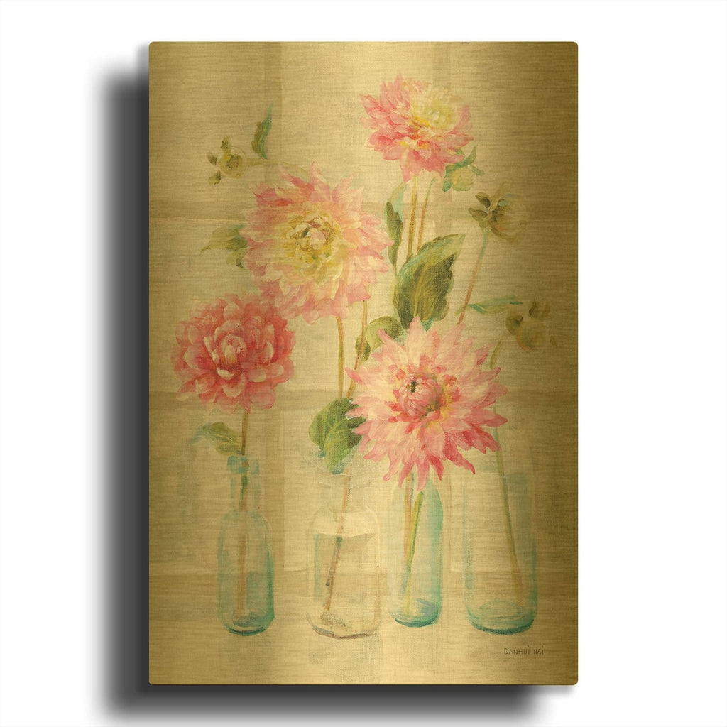 'Dahlias On Windowsill' By Danhui Nai Gold Metal Wall Art