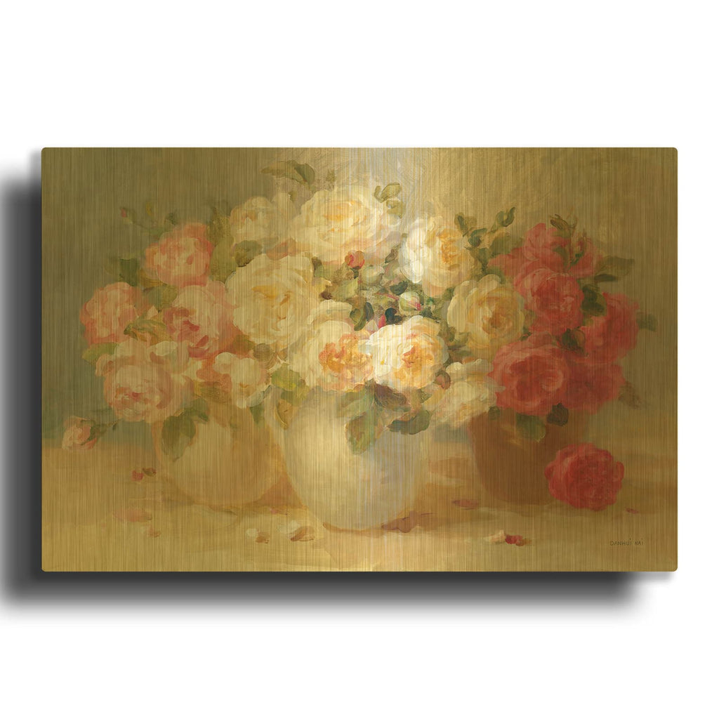 'English Rose Bouquets' By Danhui Nai Gold Metal Wall Art