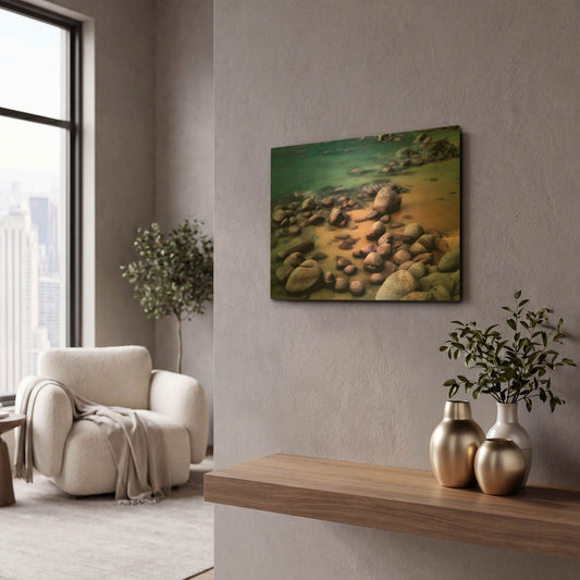'Rocky Beach' By Dennis Frates Gold Metal Wall Art