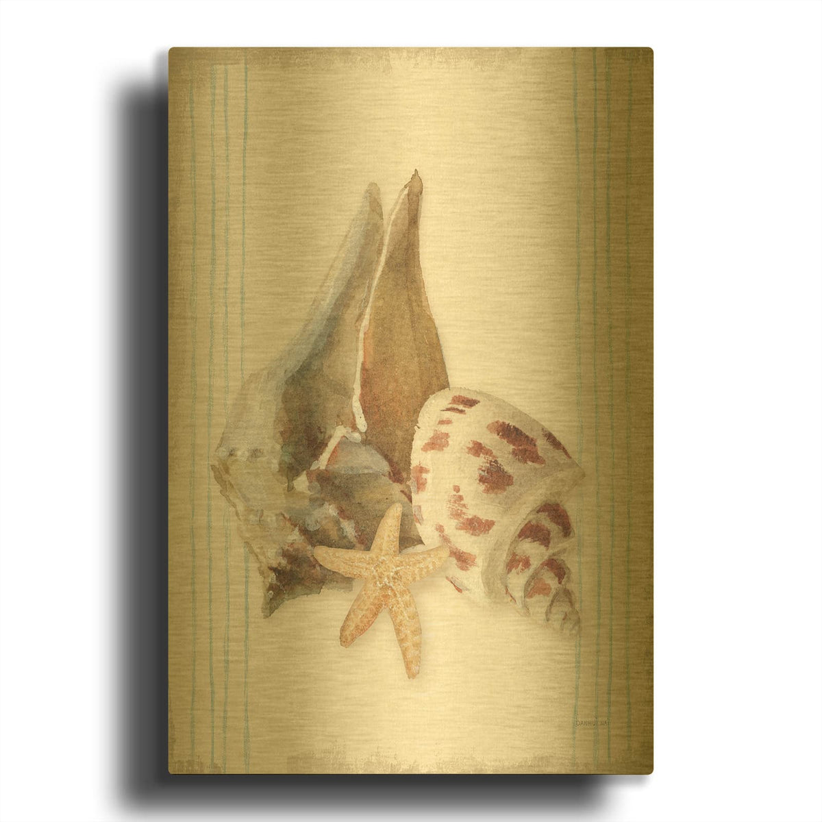 'Floursack Nautical Shells 2' By Danhui Nai Gold Metal Wall Art