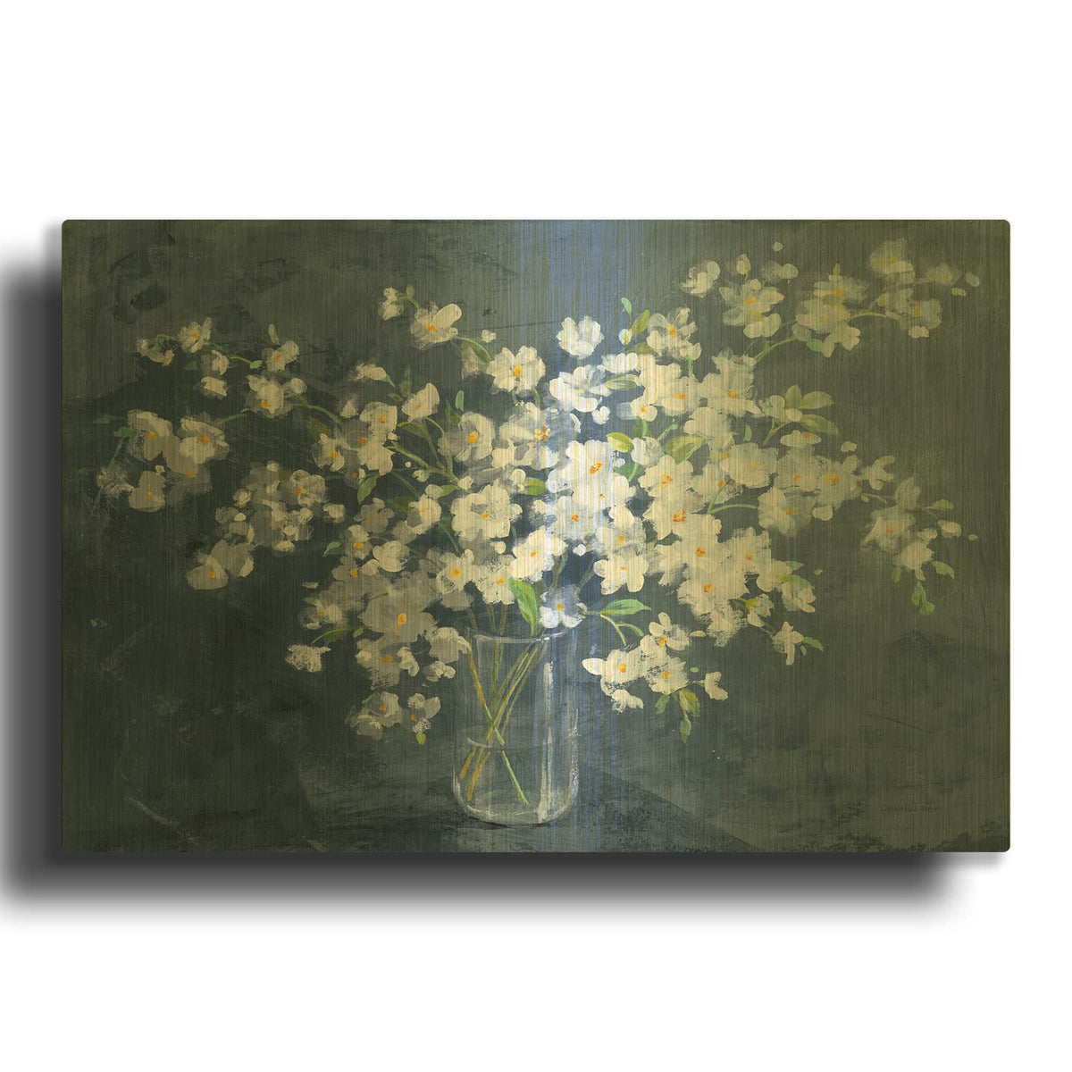 'Fresh White Bouquet Dark Blue' By Danhui Nai Gold Metal Wall Art