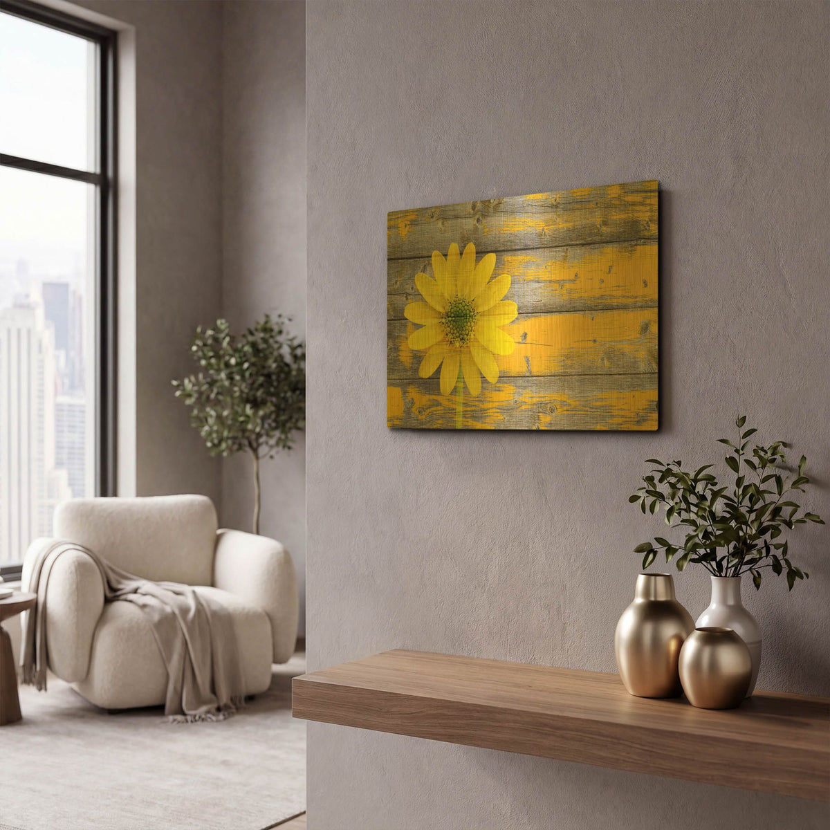 'Yellow Flower On Wood' By Bess Hamiti Gold Metal Wall Art