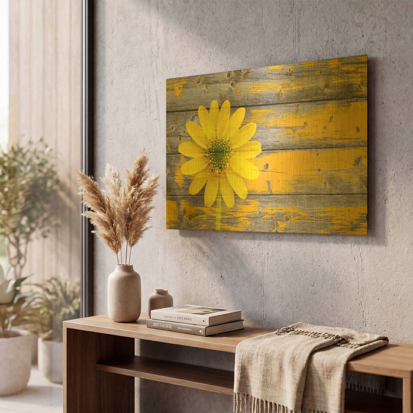 'Yellow Flower On Wood' By Bess Hamiti Gold Metal Wall Art