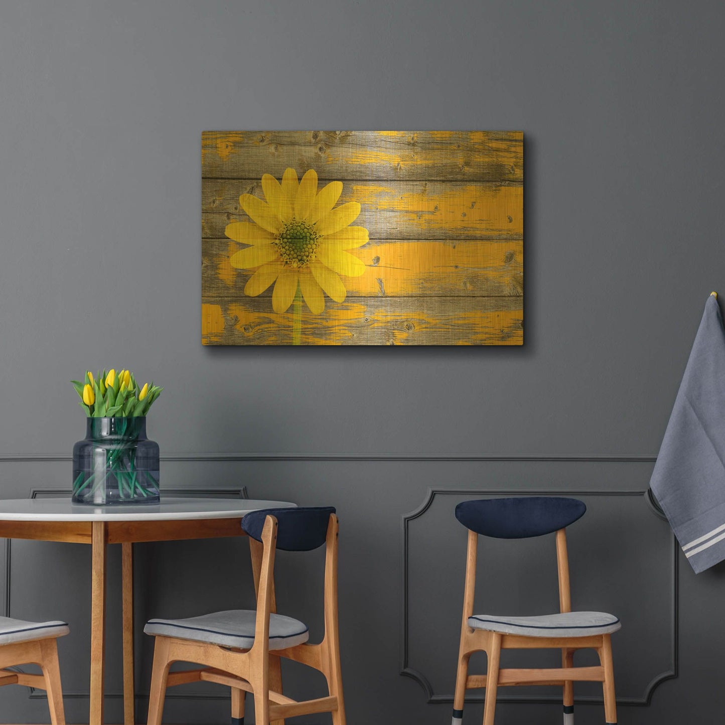 'Yellow Flower On Wood' By Bess Hamiti Gold Metal Wall Art