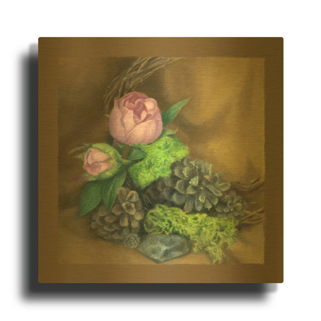 'Pinecones And Peonies' By Art and a Little Magic Gold Metal Wall Art
