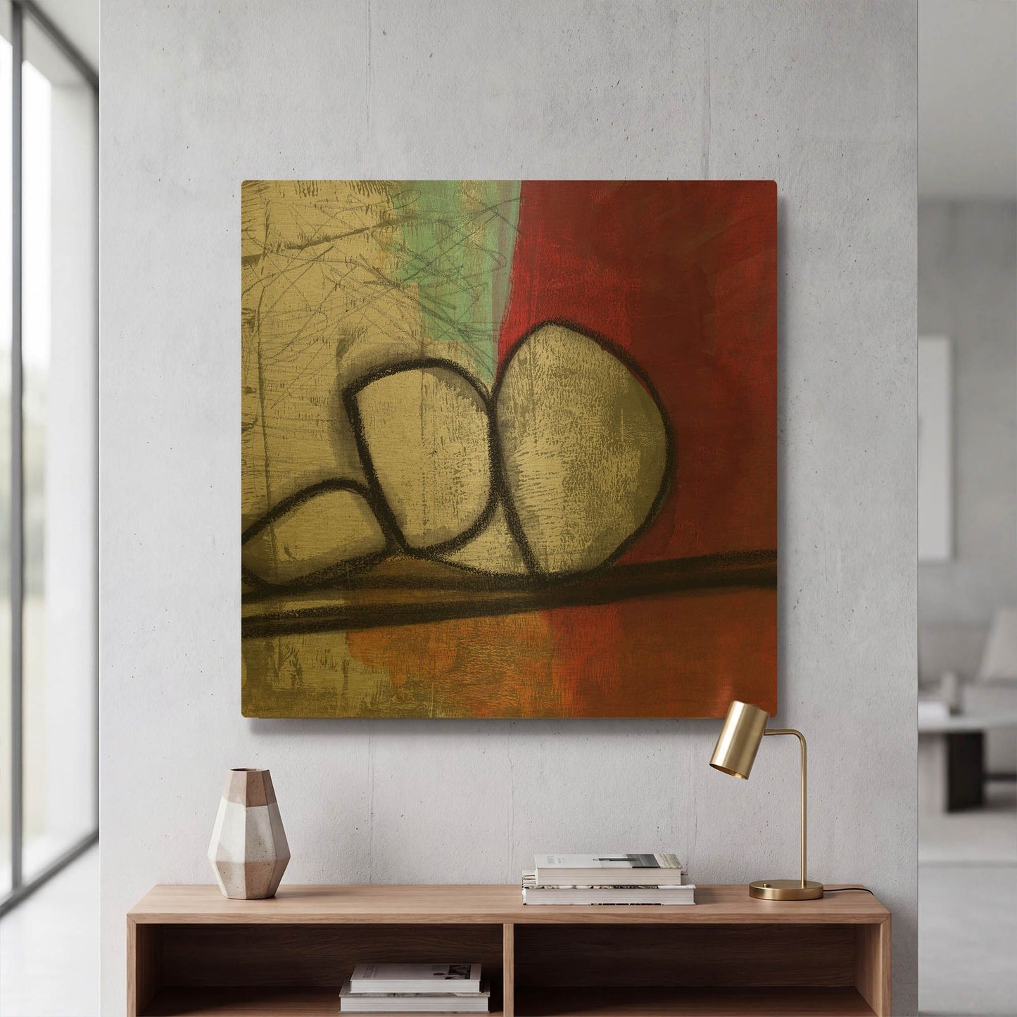 'Red Abstract' By Linda Woods Gold Metal Wall Art